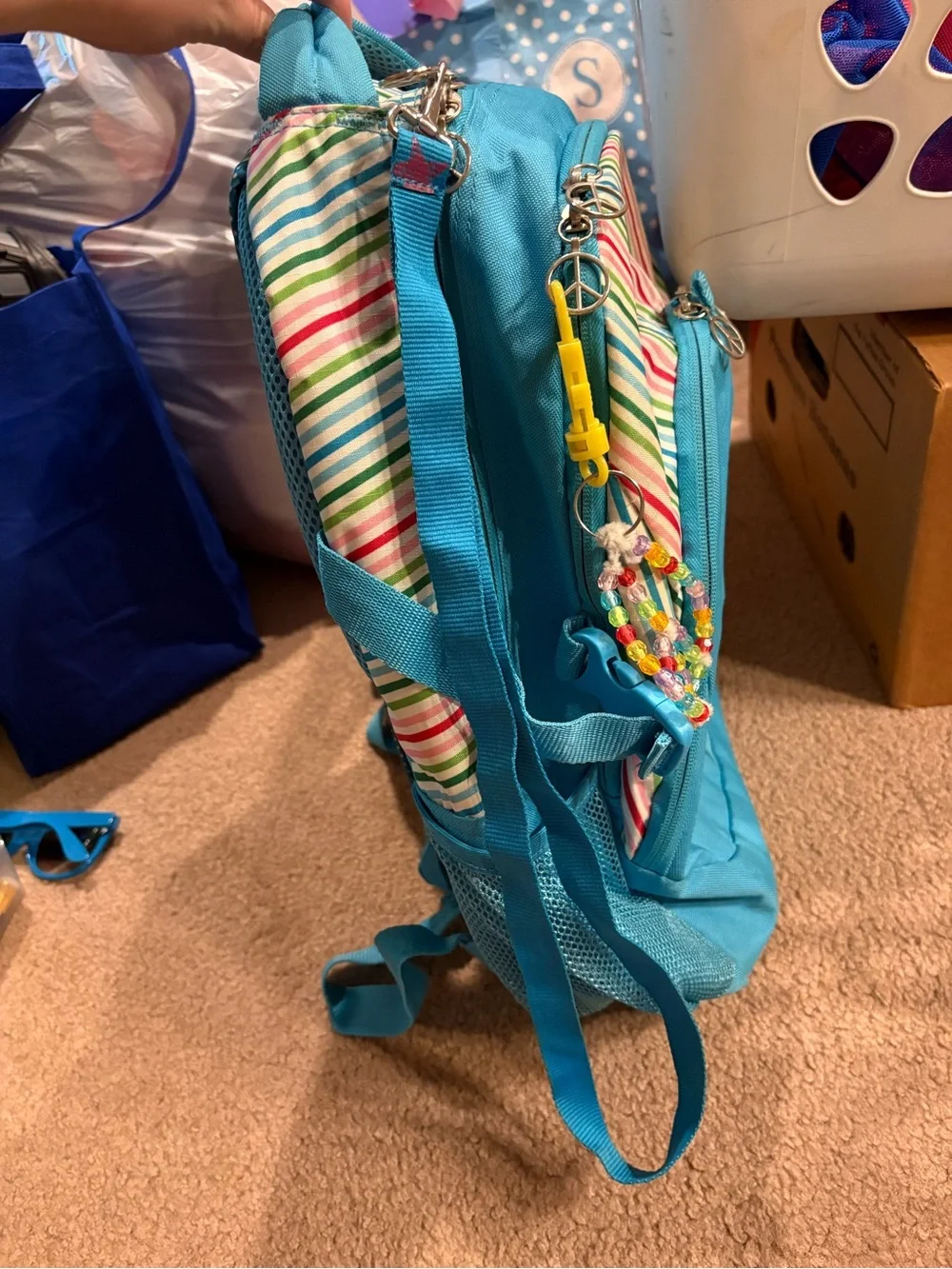 Blue Y2K Backpack with Multicolor Stripes